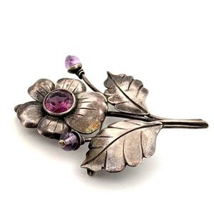 925 Sterling silver and amethyst flower vintage pin brooch pendant